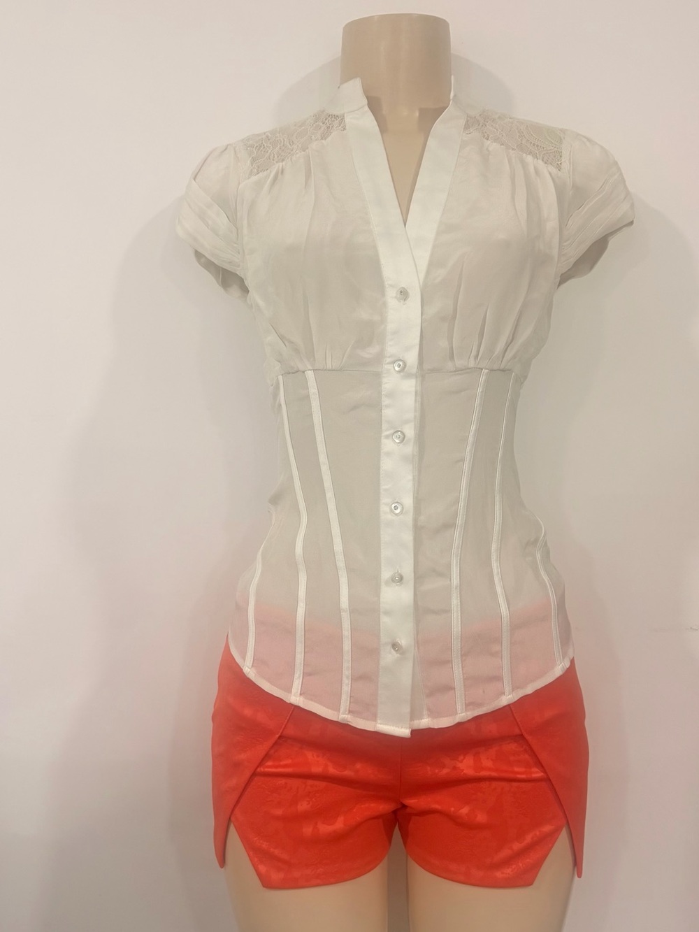 bebe off white Lace-Shoulder Button Front Blouse Y2K